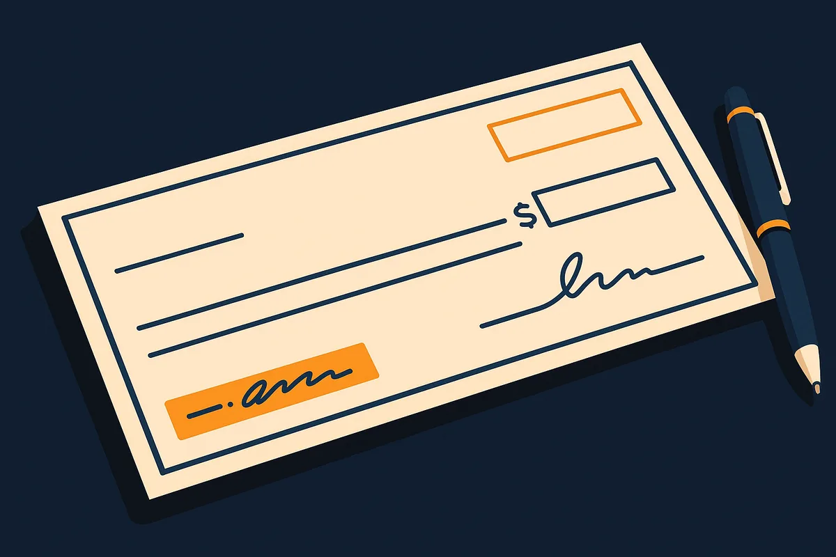 Illustration of a paper check with the small memo line in the corner highlighted in orange