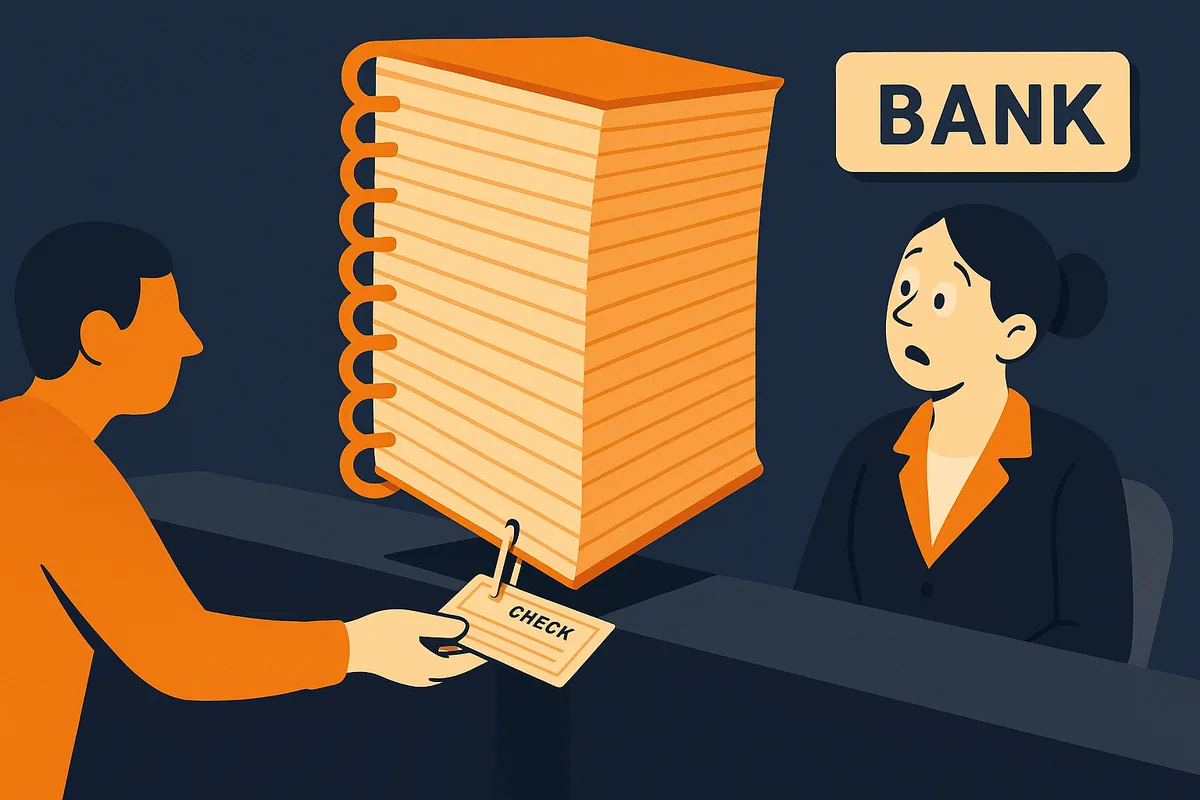 Cartoon of a customer handing a bank teller a tiny check with an enormous spiral notebook stapled to it, while the teller looks alarmed